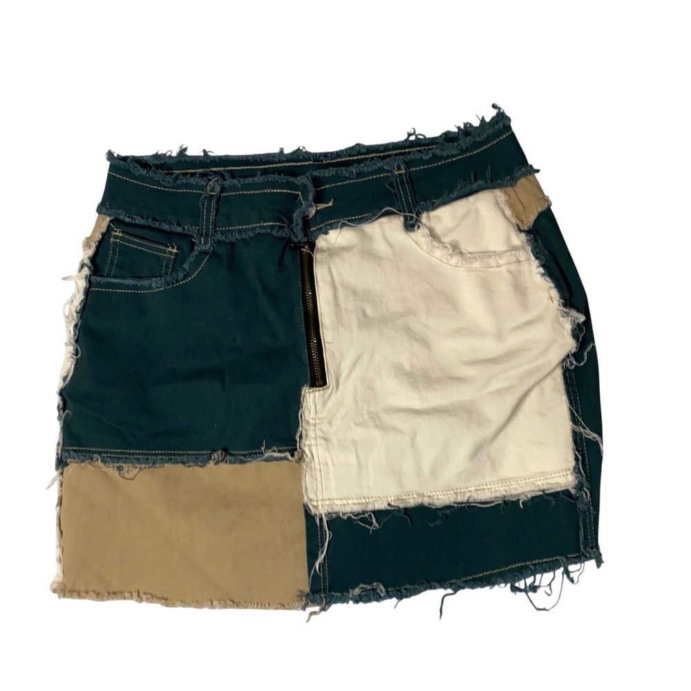Jeans Patchwork Denim‎ Mini Skirt Green Cream Tan Distressed Raw Hem XL
